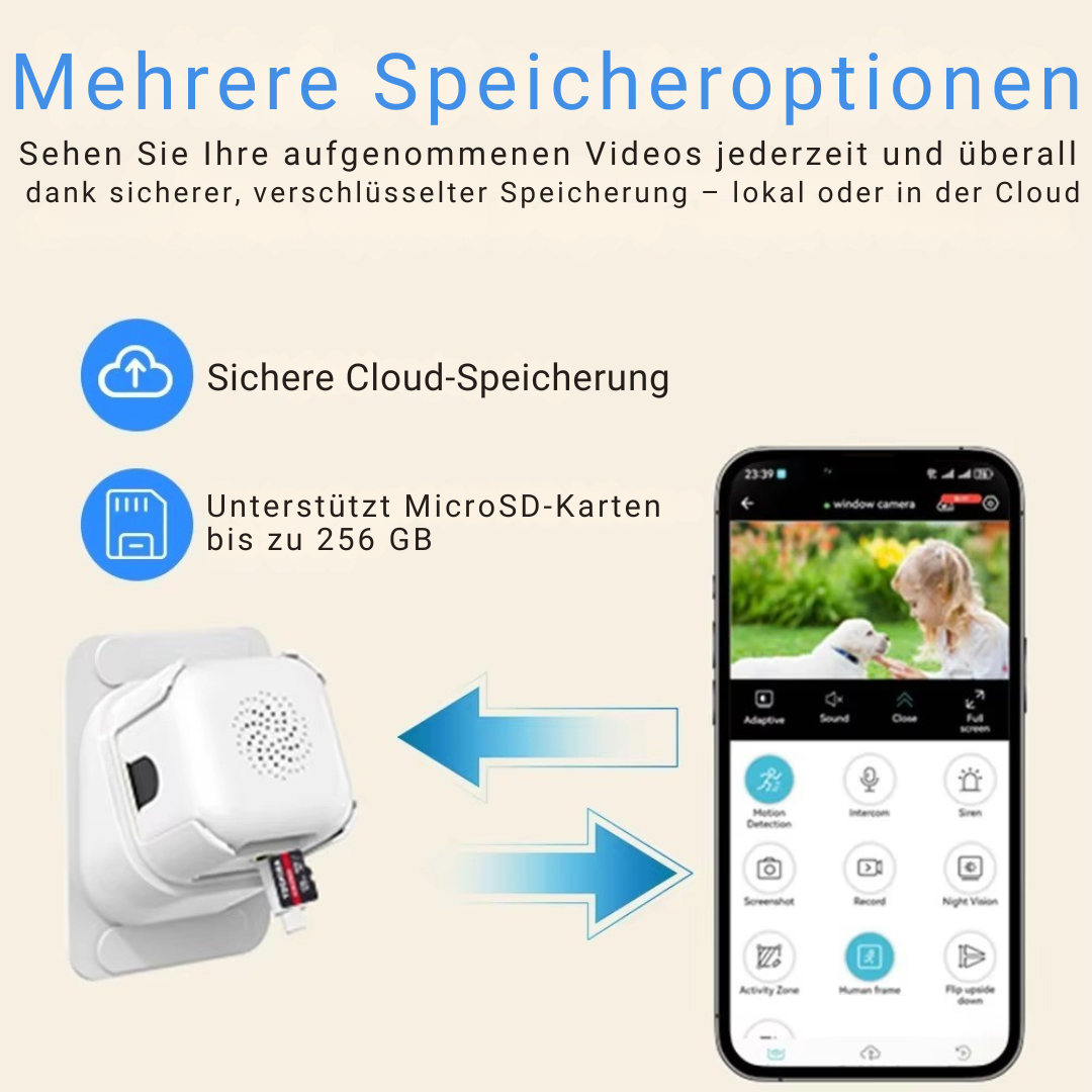 Überwachungskamera 2K Ultra-HD für Fenster | Nachtsicht & Bewegungsmelder | inkl. 64GB Speicherkarte | Kabellos & von außen nicht sichtbar