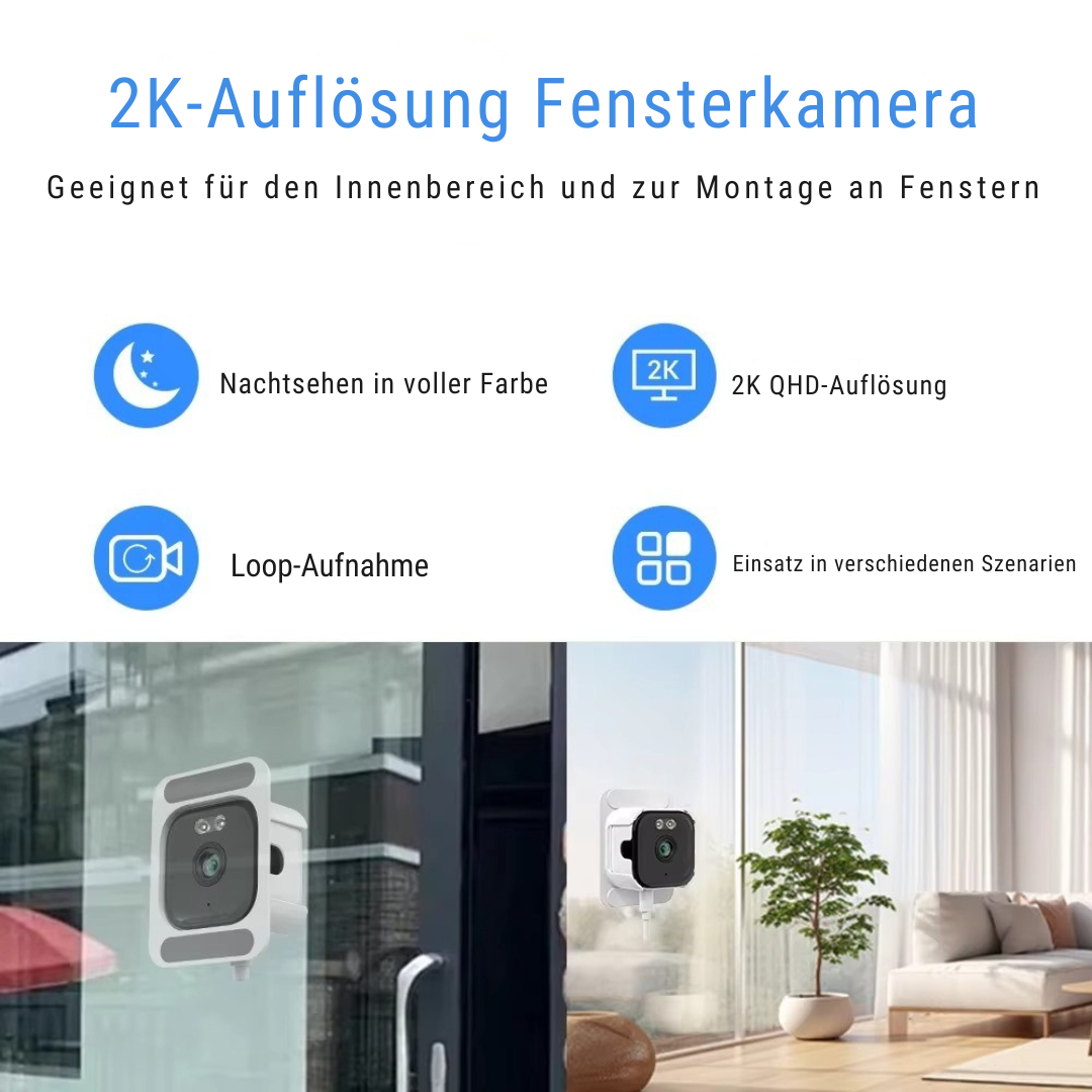 Überwachungskamera 2K Ultra-HD für Fenster | Nachtsicht & Bewegungsmelder | inkl. 64GB Speicherkarte | Kabellos & von außen nicht sichtbar