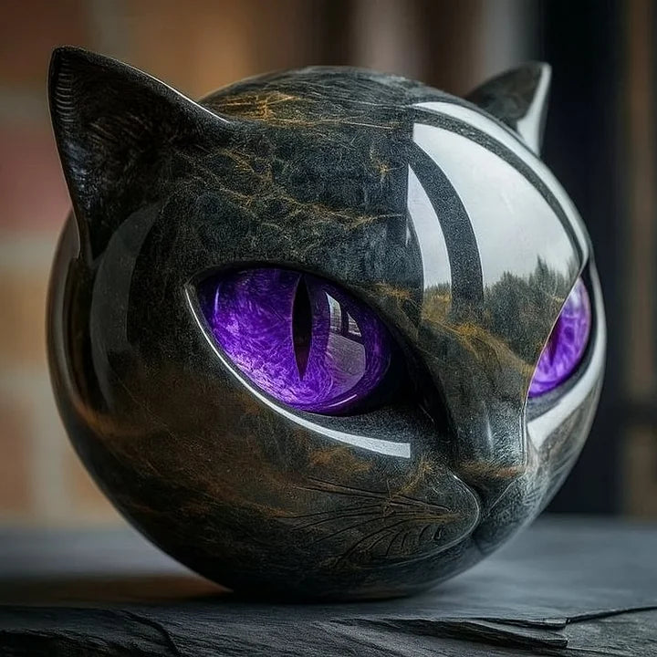 Katzenkopf Skulptur – Elegante schwarze Katzenfigur mit tief eindringenden, hypnotisierenden Augen