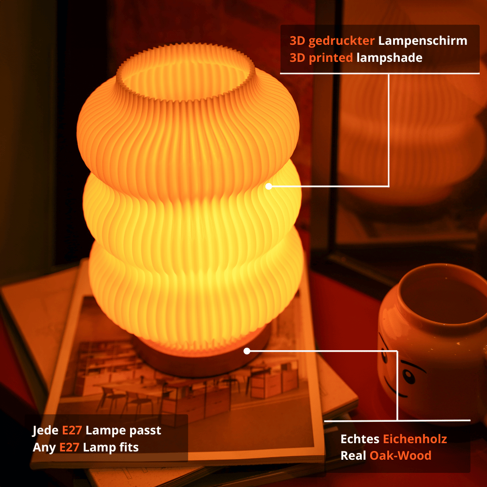 Minimalistische Tischleuchte aus recyceltem Bioplastik mit dimmbarem LED-Leuchtmittel