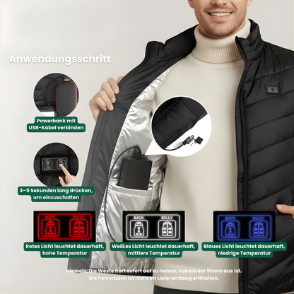 Beheizte Weste mit 9 Heizzonen USB betrieben Unisex – Ultraleicht wasserabweisend für Winter & Herbst Outdoor & Wintersport