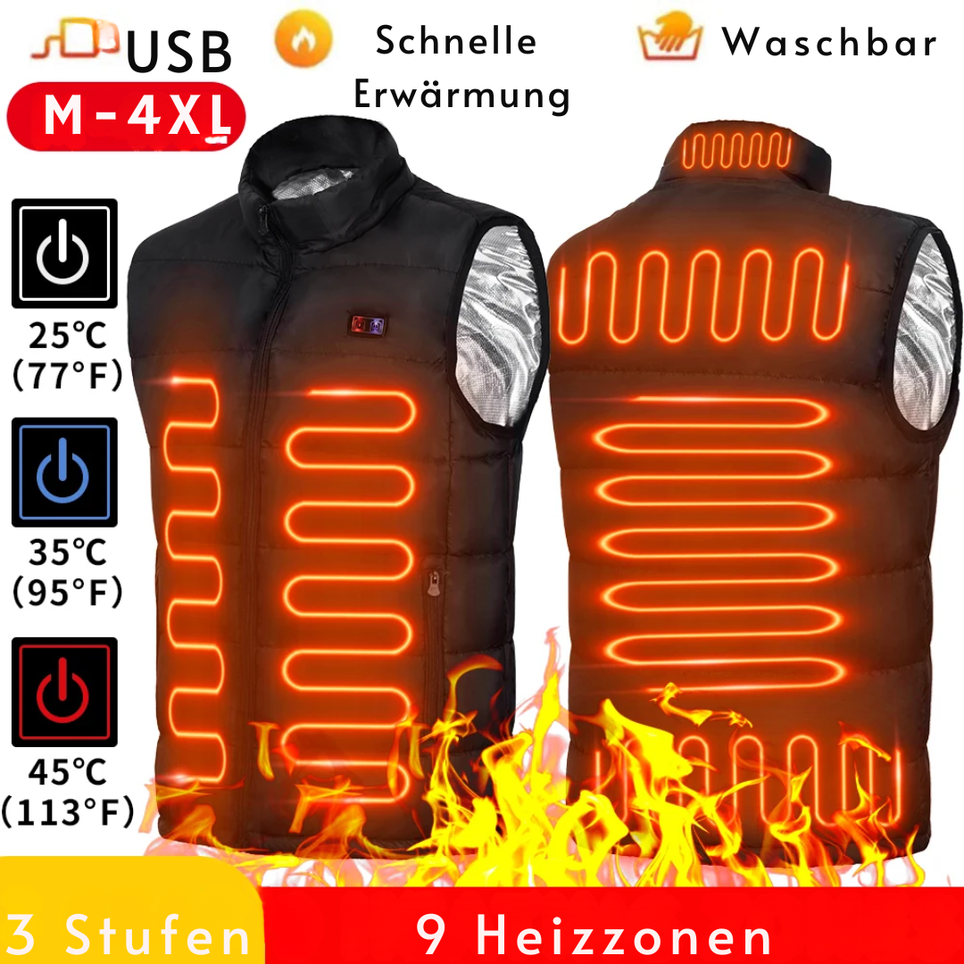 Beheizte Weste mit 9 Heizzonen USB betrieben Unisex – Ultraleicht wasserabweisend für Winter & Herbst Outdoor & Wintersport