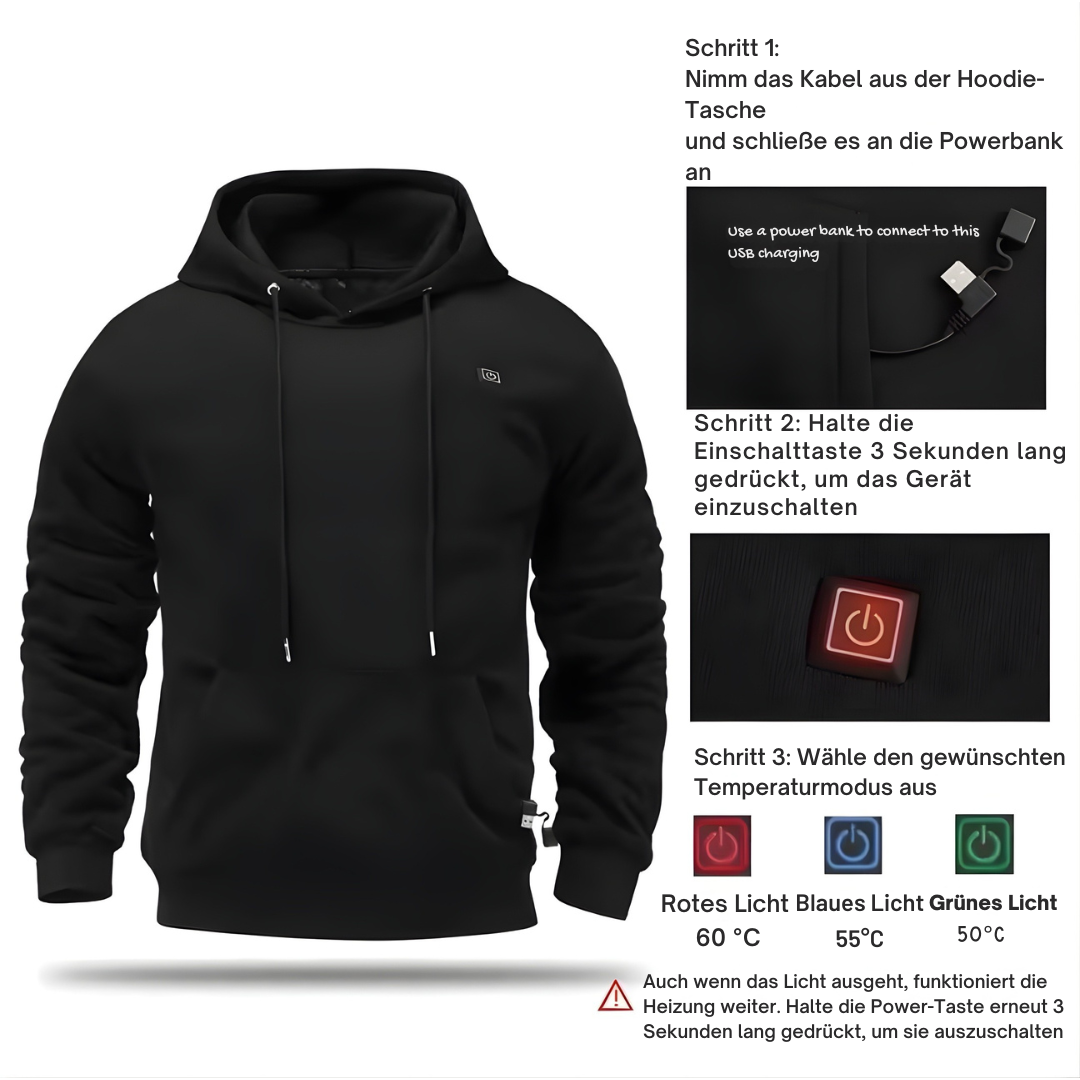 Beheizbarer Unisex Hoodie mit USB-Anschluss - 3 Wärmestufen - Perfekt für Winter - Waschmaschinengeeignet