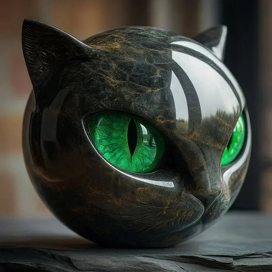 Katzenkopf Skulptur – Elegante schwarze Katzenfigur mit tief eindringenden, hypnotisierenden Augen