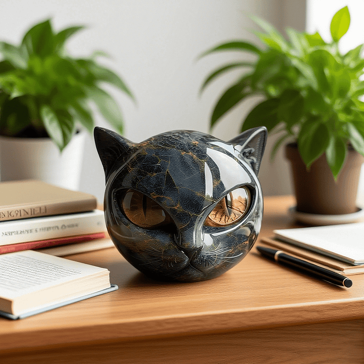 Katzenkopf Skulptur – Elegante schwarze Katzenfigur mit tief eindringenden, hypnotisierenden Augen