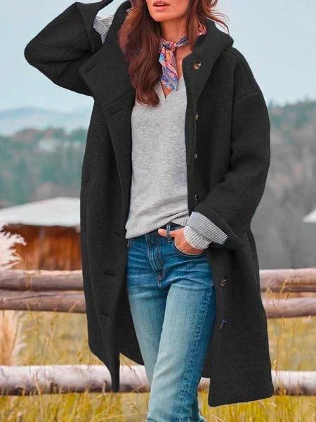 Damen Herbstjacke mit Kapuze – Leichte Übergangsjacke knielang aus Wollmischung