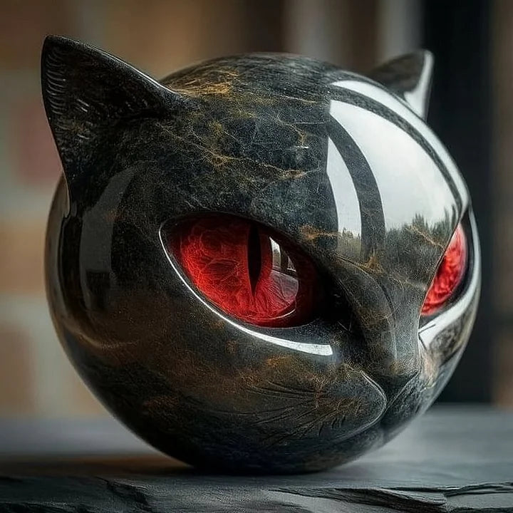 Katzenkopf Skulptur – Elegante schwarze Katzenfigur mit tief eindringenden, hypnotisierenden Augen