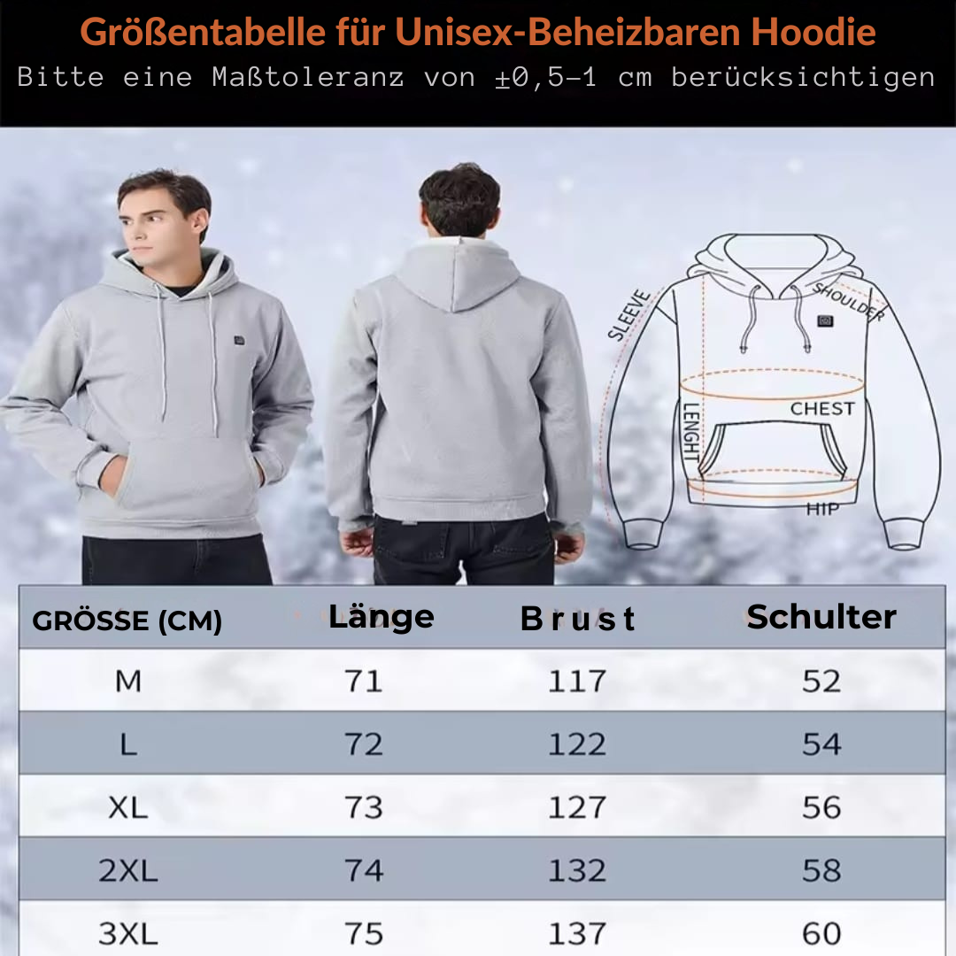 Beheizbarer Unisex Hoodie mit USB-Anschluss - 3 Wärmestufen - Perfekt für Winter - Waschmaschinengeeignet