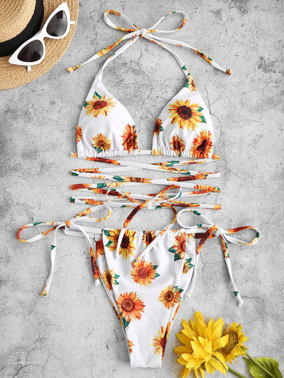 Bikini - Sonnenblumendruck - Gebundene Spitzen - Sommer