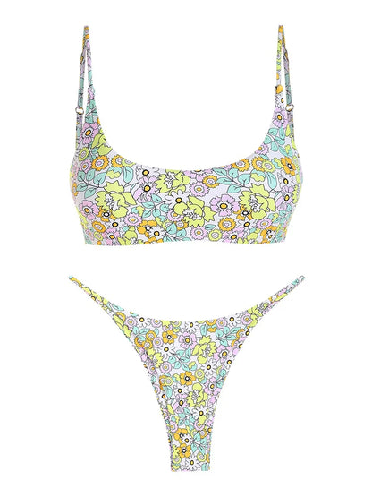 Bikini - Blumendruck - Hoher Schnitt - Niedrige Taille - Tanga - Sommer