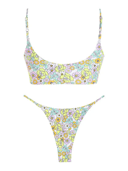 Bikini - Blumendruck - Hoher Schnitt - Niedrige Taille - Tanga - Sommer