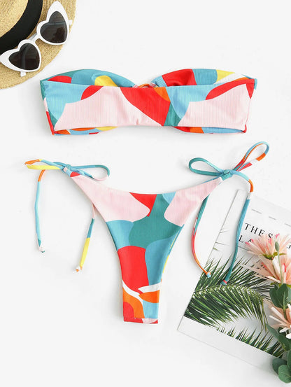 Bikini - Colourblock-Druck - Geripptes Bandeau - Sommer