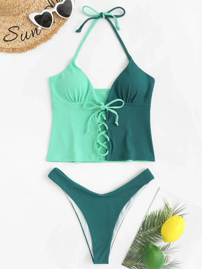 Tankini Set - Hochgeschnitten - Geschnürt - Zweifarbig - Sommer