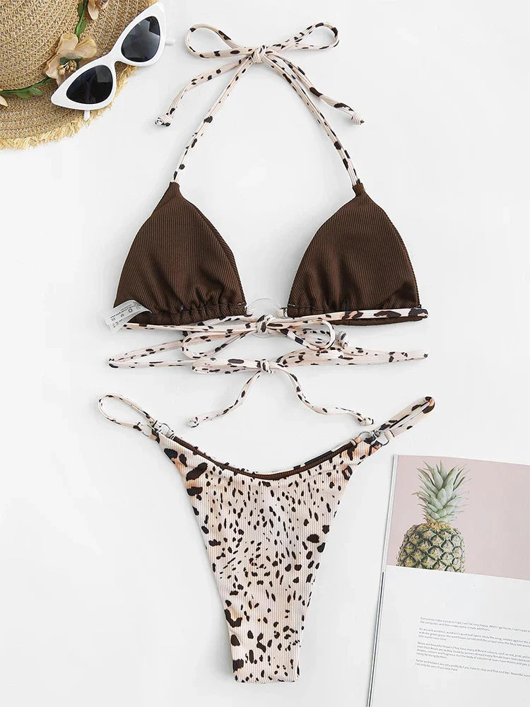 Bikini - Leopardenmuster - Gerippt - Tanga - Sommer