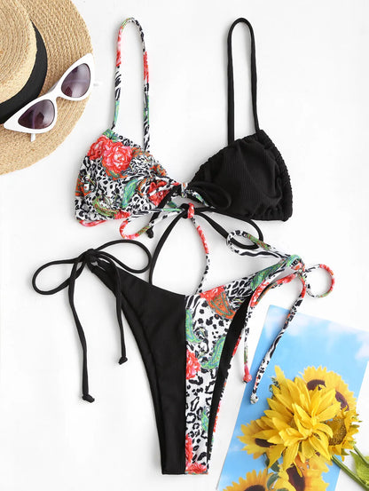 Bikini - Gerippt - Leopard Floral - Tanga - Sommer