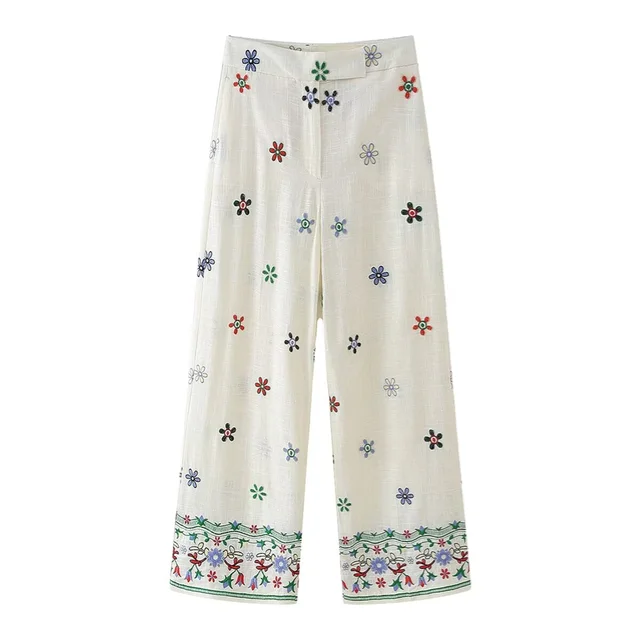 Hose - Lockere Passform - Floral bestickt - Gerades Bein - Sommer