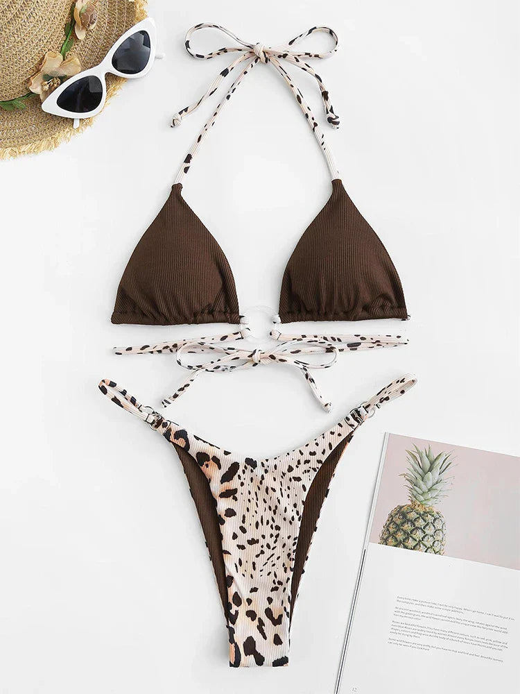 Bikini - Leopardenmuster - Gerippt - Tanga - Sommer