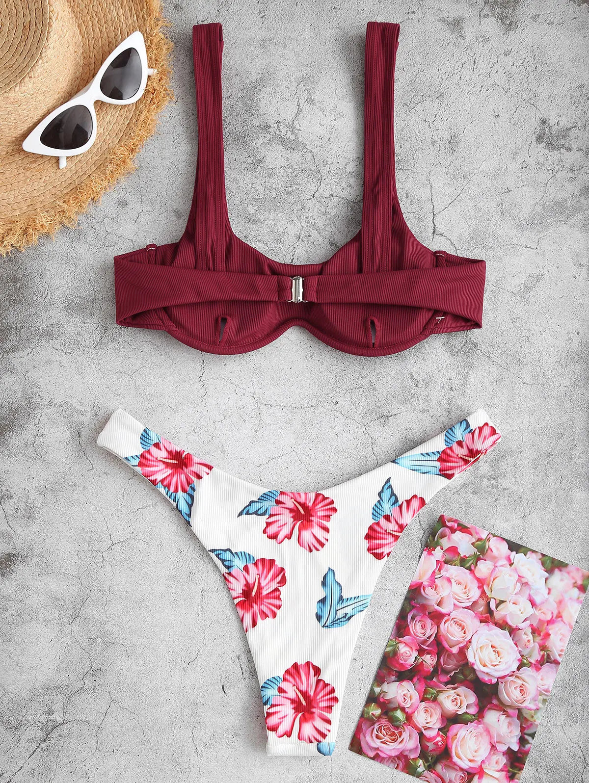 Bikini - Gerippt Floral - Hohe Taille - Sommer