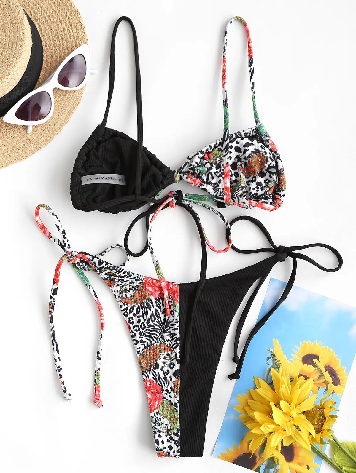 Bikini - Gerippt - Leopard Floral - Tanga - Sommer