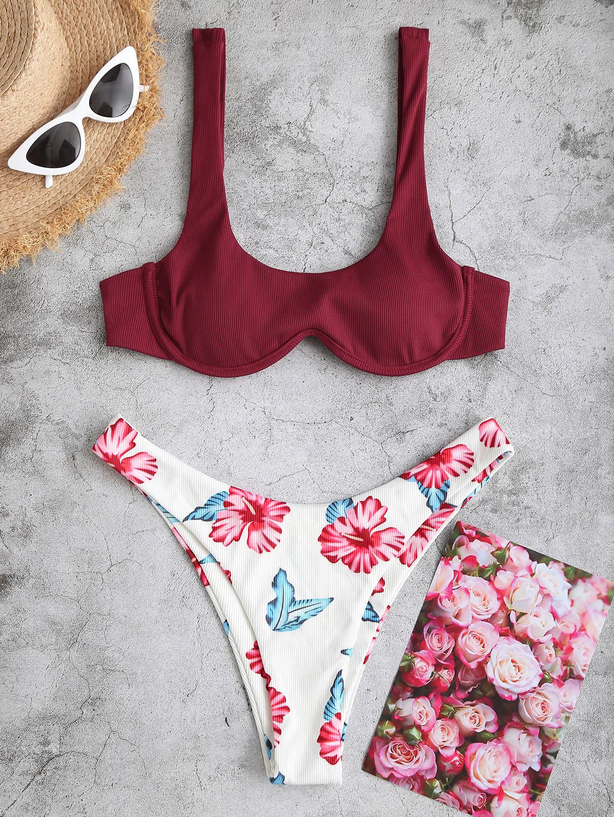 Bikini - Gerippt Floral - Hohe Taille - Sommer