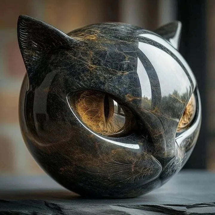 Katzenkopf Skulptur – Elegante schwarze Katzenfigur mit tief eindringenden, hypnotisierenden Augen