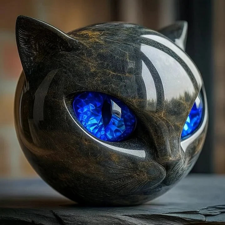 Katzenkopf Skulptur – Elegante schwarze Katzenfigur mit tief eindringenden, hypnotisierenden Augen