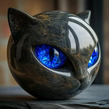 Katzenkopf Skulptur – Elegante schwarze Katzenfigur mit tief eindringenden, hypnotisierenden Augen