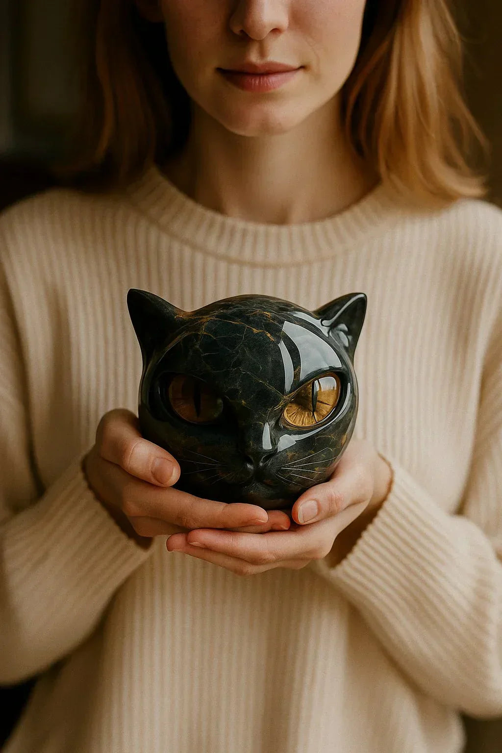 Katzenkopf Skulptur – Elegante schwarze Katzenfigur mit tief eindringenden, hypnotisierenden Augen