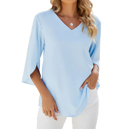3/4 Ärmel V-Ausschnitt Bluse für Frauen | Alltagstauglich