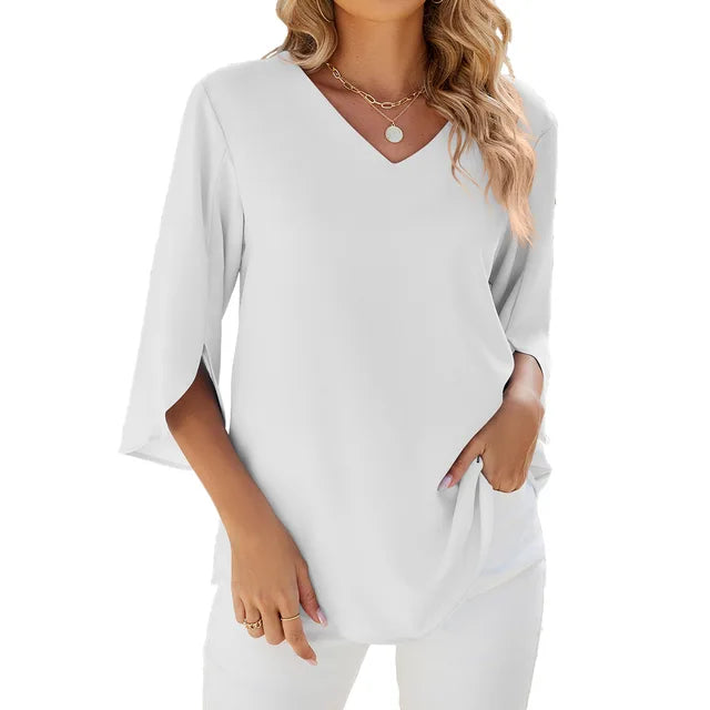 3/4 Ärmel V-Ausschnitt Bluse für Frauen | Alltagstauglich