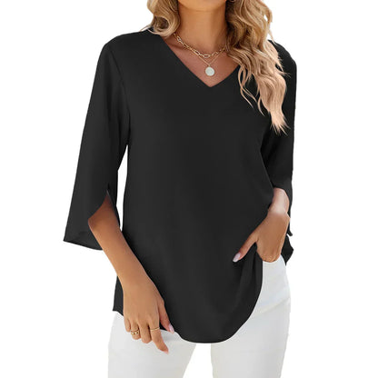 3/4 Ärmel V-Ausschnitt Bluse für Frauen | Alltagstauglich