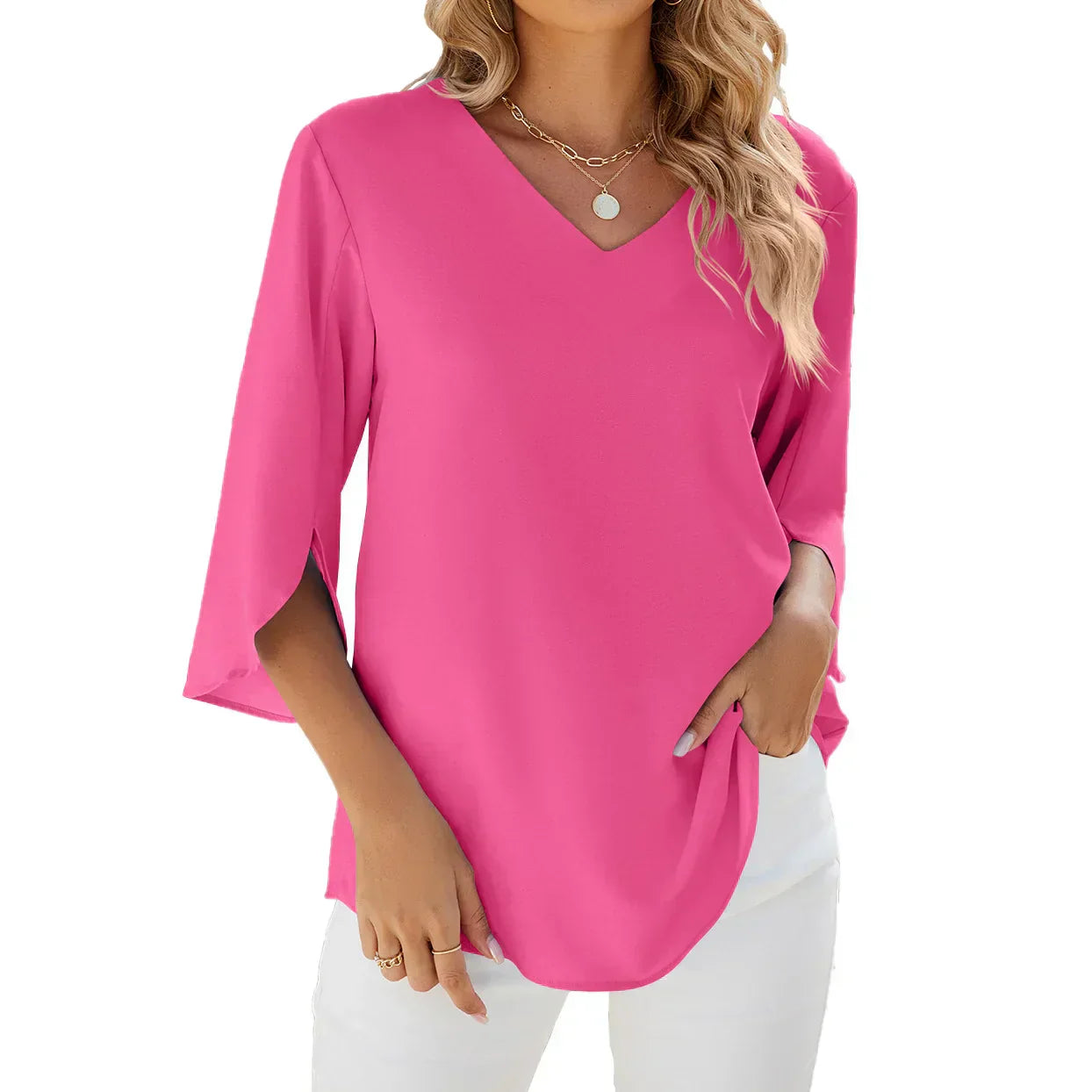 3/4 Ärmel V-Ausschnitt Bluse für Frauen | Alltagstauglich